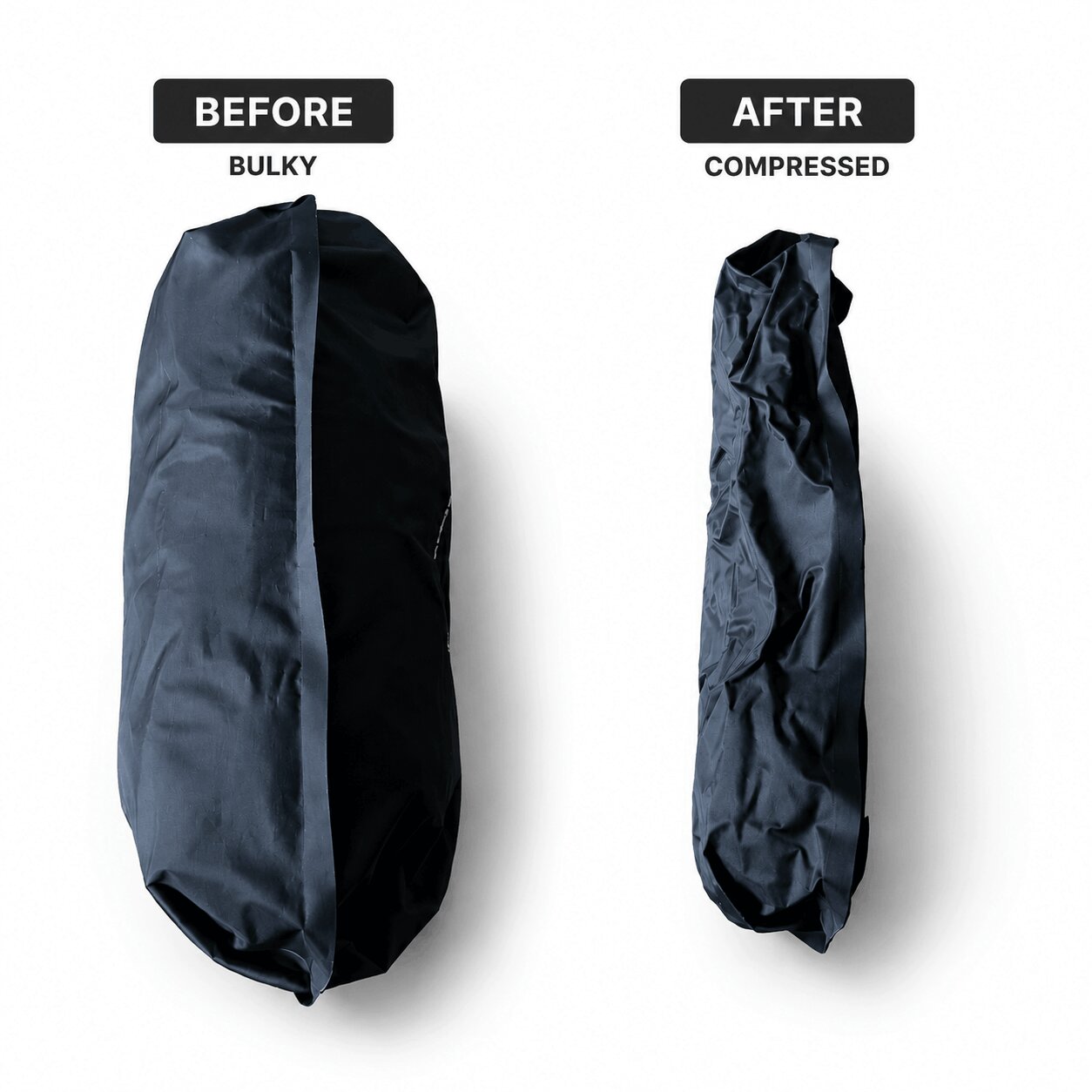 Side-by-side comparison of clothes before and after VacVacBag compression