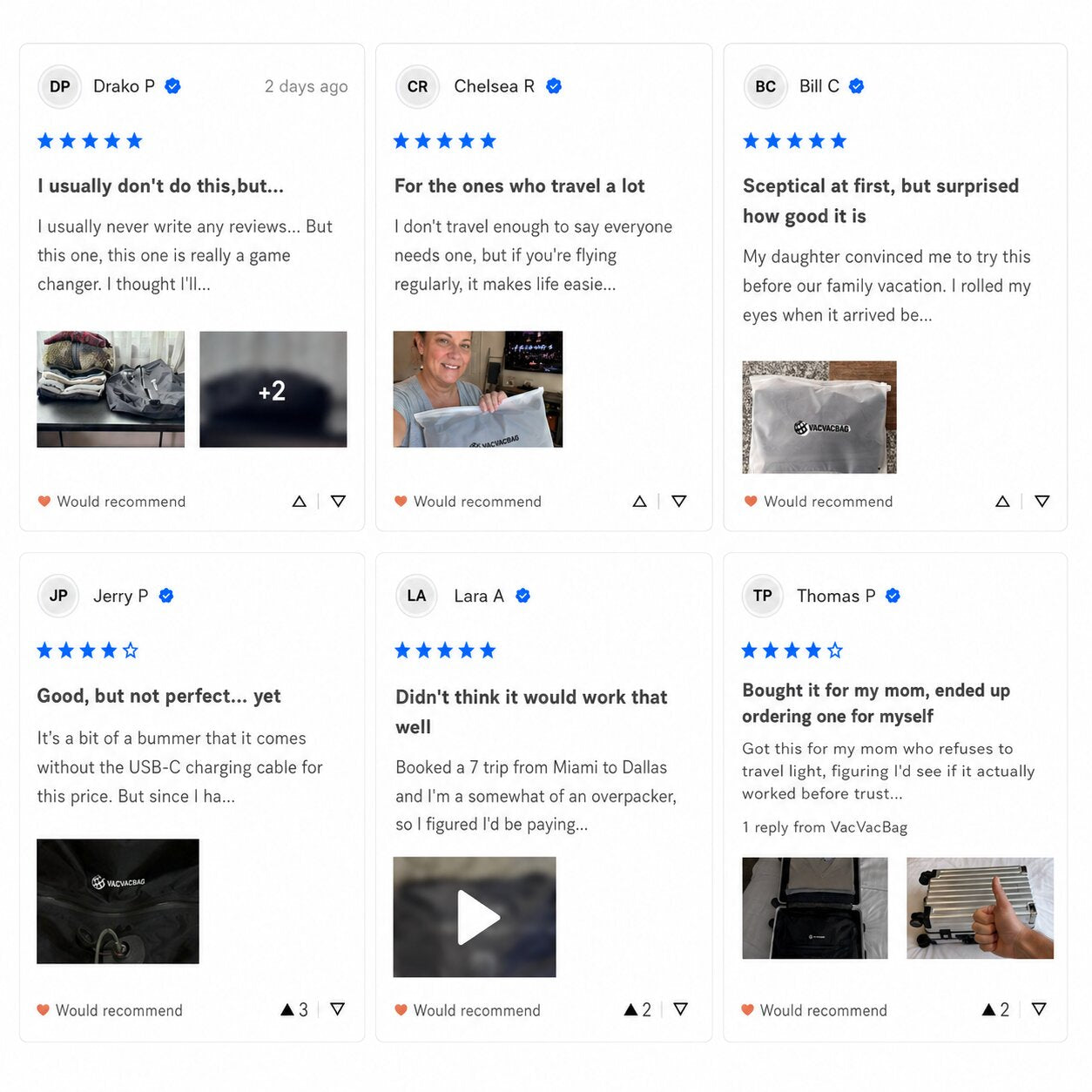 Product reviews of the VacVacBag with user comments and ratings on a white background