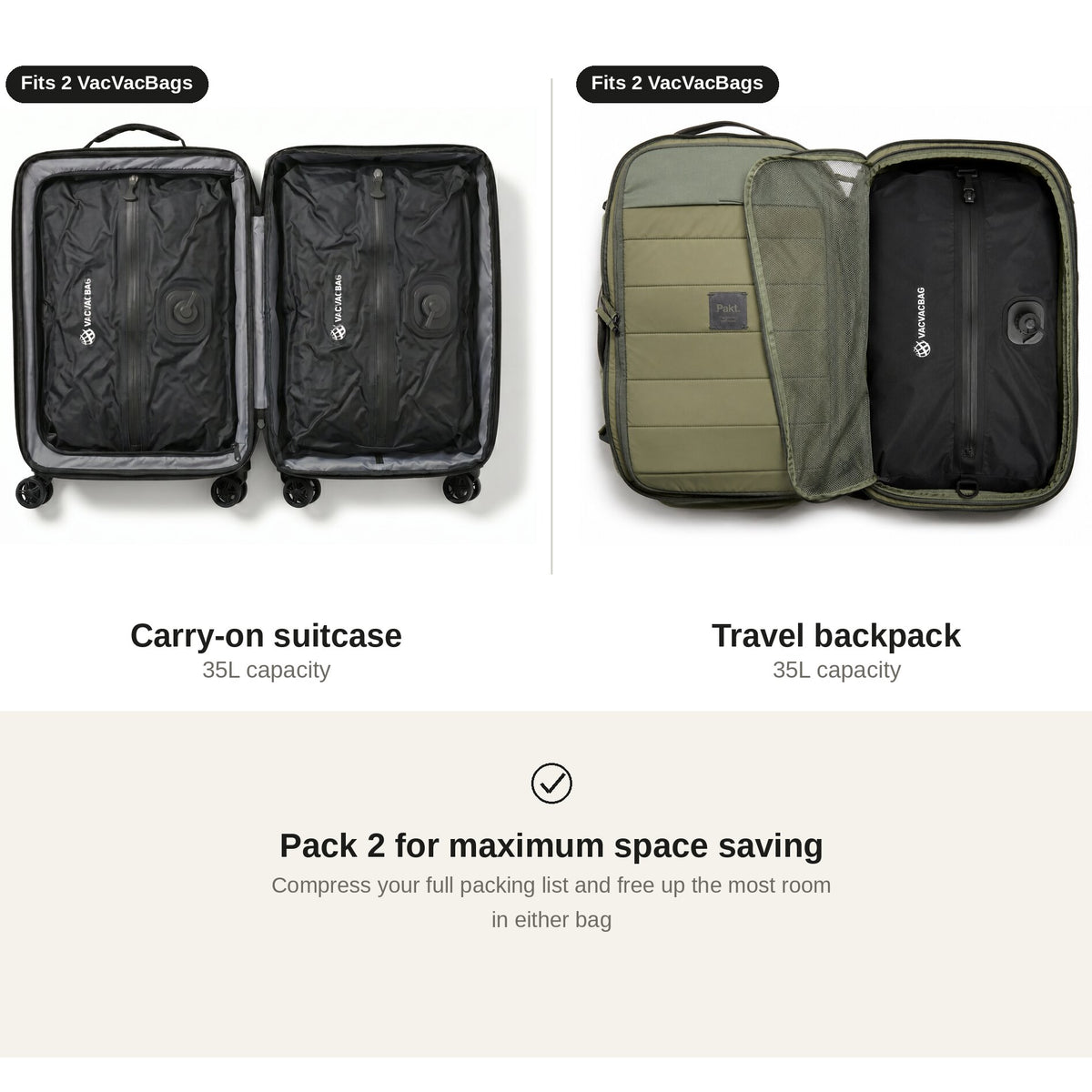 Comparison of a carry-on suitcase and travel backpack with vacuum bags inside, on a light gray background.