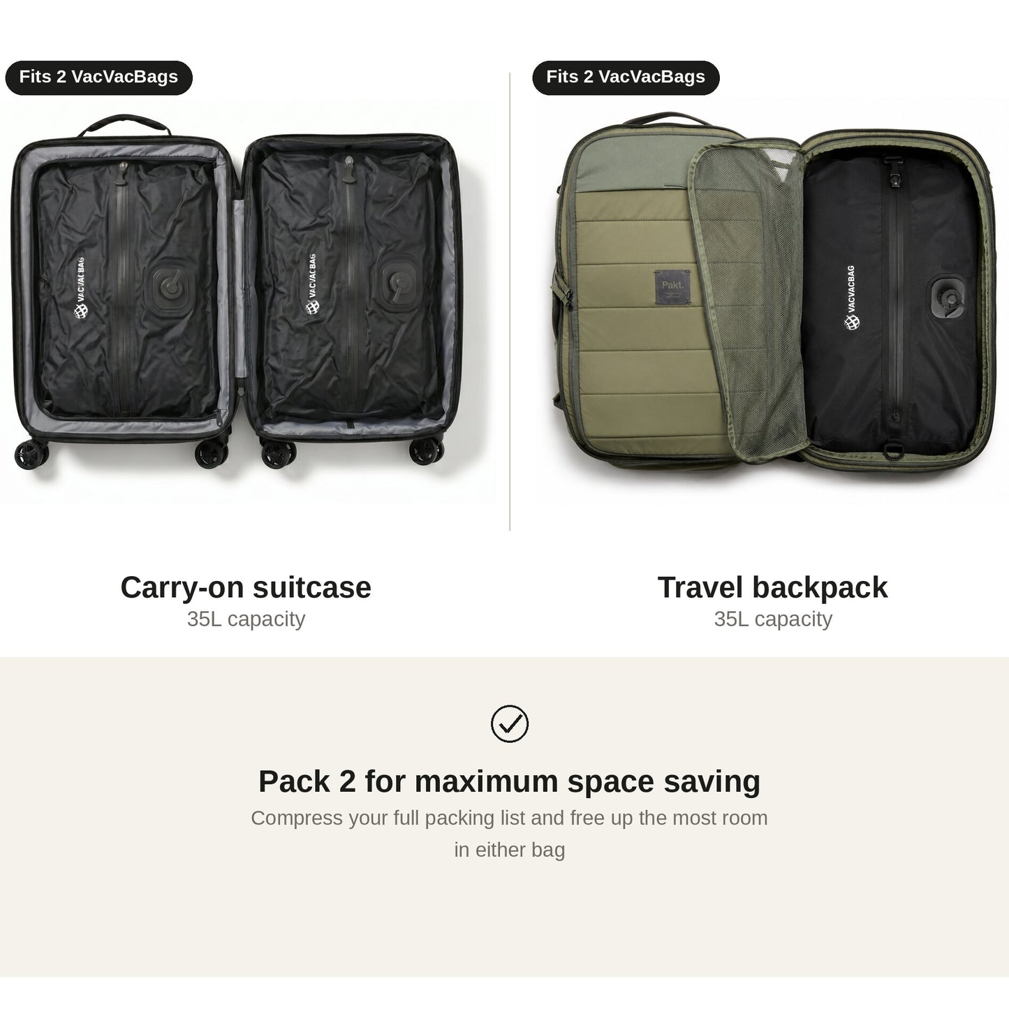 Comparison of a carry-on suitcase and travel backpack with vacuum bags inside, on a light gray background.