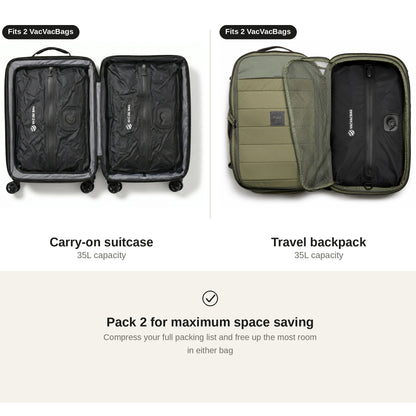 Comparison of a carry-on suitcase and travel backpack with vacuum bags inside, on a light gray background.